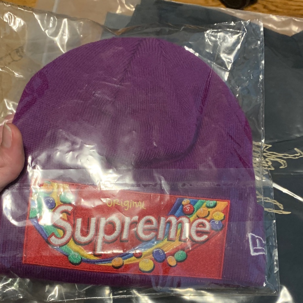 Supreme purple beanie with skittles logo patch